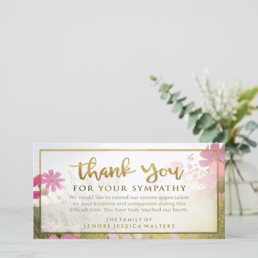 Pink Wild Blume Golden Danke Sympathie Card (Stehend Vorderseite)
