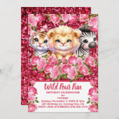 Pink Wild Four Fun 4 Jahre Altes Mädchen Geburtsta Einladung (Vorne/Hinten)