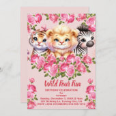 Pink Wild Four Fun 4 Jahre Altes Mädchen Geburtsta Einladung (Vorne/Hinten)
