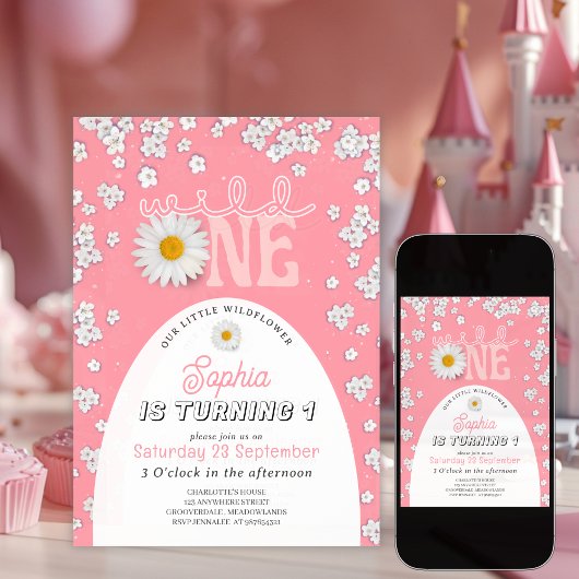 Pink Wild One Daisy 1st Birthday Invitation Einladung