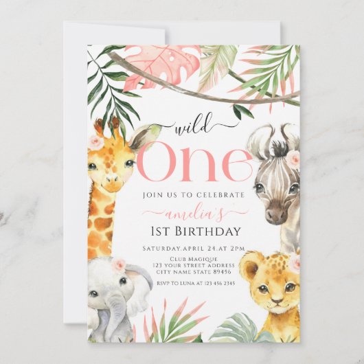 Pink Wild One Safari Jungle 1st Birthday girl Einladung (Vorderseite)