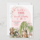 Pink Wild One Woodland Animals Girl zum ersten Geb Einladung (Vorderseite)