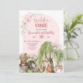 Pink Wild One Woodland Animals Girl zum ersten Geb Einladung (Stehend Vorderseite)