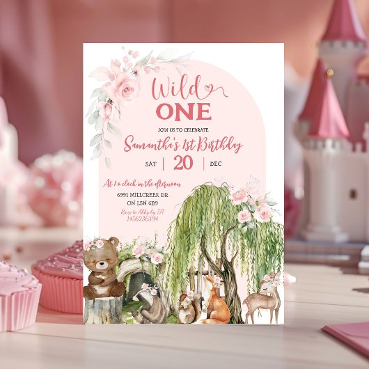Pink Wild One Woodland Animals Girl zum ersten Geb Einladung