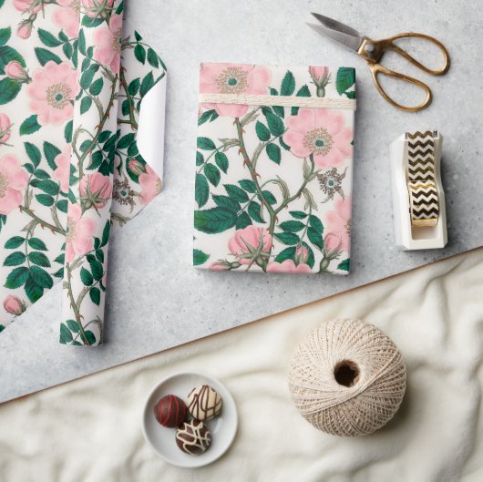 Pink Wild Rose Blume & Green Blätter Muster Geschenkpapier (Kunsthandwerk)