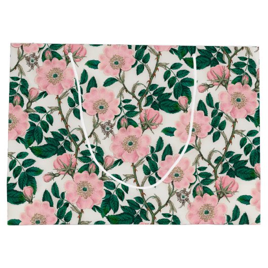 Pink Wild Rose Blume & Green Blätter Muster Große Geschenktüte (Rückseite)
