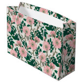 Pink Wild Rose Blume & Green Blätter Muster Große Geschenktüte (Rückseite Schrägansicht)