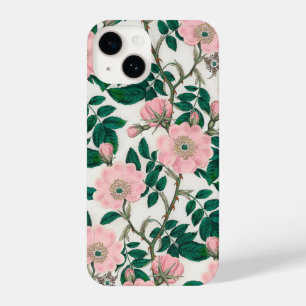 Pink Wild Rose Blume & Green Blätter Muster iPhone 14 Hülle