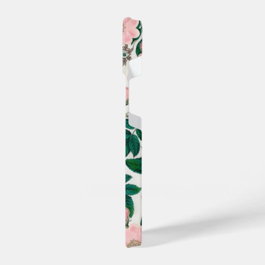 Pink Wild Rose Blume & Green Blätter Muster iPhone Hülle (Linke Seite)