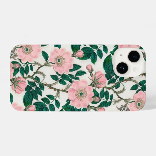Pink Wild Rose Blume & Green Blätter Muster iPhone Hülle (Rückseite (Horizontal))
