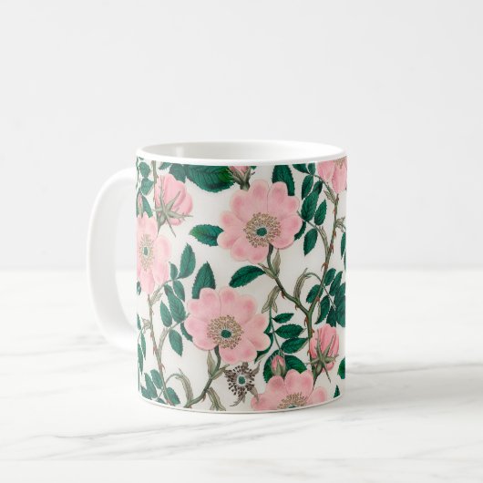 Pink Wild Rose Blume & Green Blätter Muster Kaffeetasse (Vorderseite Links)