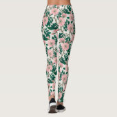 Pink Wild Rose Blume & Green Blätter Muster Leggings (Rückseite)