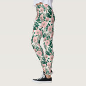 Pink Wild Rose Blume & Green Blätter Muster Leggings (Links)