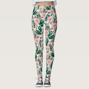Pink Wild Rose Blume & Green Blätter Muster Leggings