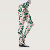 Pink Wild Rose Blume & Green Blätter Muster Leggings (Rechts)