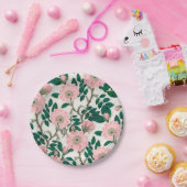 Pink Wild Rose Blume & Green Blätter Muster Pappteller (Party)