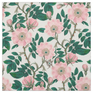 Pink Wild Rose Blume & Green Blätter Muster Stoff