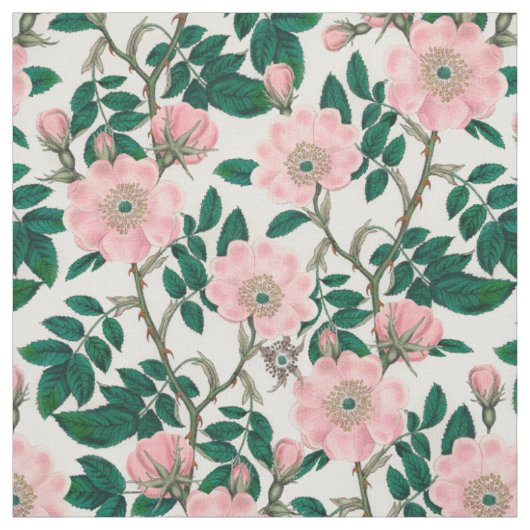 Pink Wild Rose Blume & Green Blätter Muster Stoff (Muster)