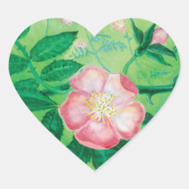 Pink Wild Rose Illustration Herz-Aufkleber
