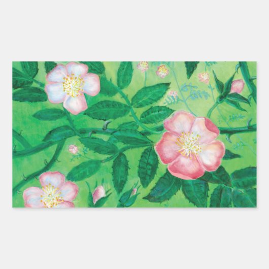 Pink Wild Rose Illustration Rechteckiger Aufkleber (Vorderseite)