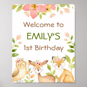 Pink Wild Woodland Animals 1. Geburtstagspopster Poster