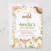 Pink Wild Woodland Tiere 1. Geburtstag Einladung (Vorderseite)