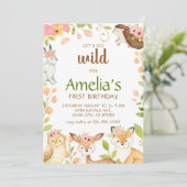 Pink Wild Woodland Tiere 1. Geburtstag Einladung (Stehend Vorderseite)