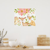 Pink Wild Woodland Tiere Botanisch Poster (Küche)