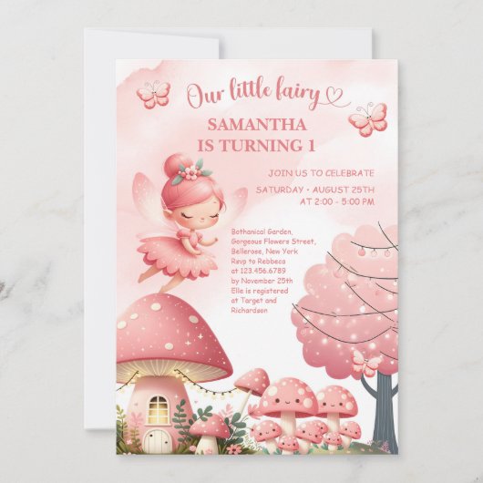 Pink Wildblume Fairy First Birthday Garden Party Einladung (Vorderseite)