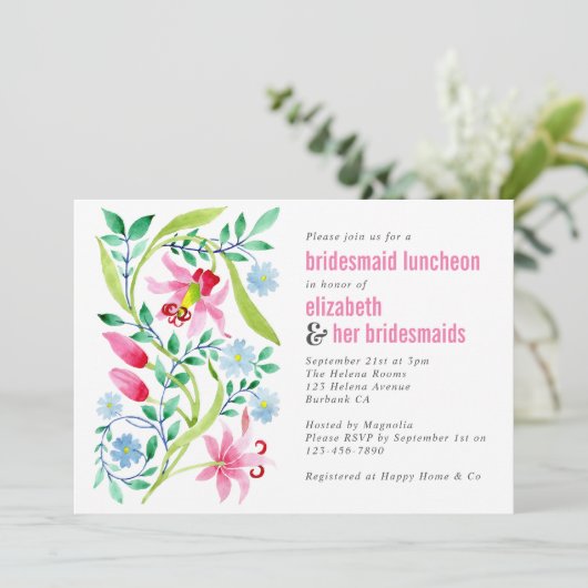 Pink Wildblume Floral Bridesmaid Luncheon Einladung (Stehend Vorderseite)