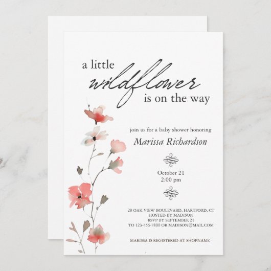 Pink Wildblume Girl Babydusche Einladung (Vorne/Hinten)