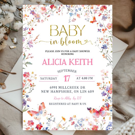 Pink Wildflower Baby in Bloom Baby Shower Einladung
