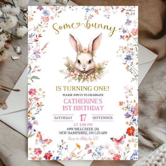 Pink Wildflower Bunny Birthday Invitation Einladung
