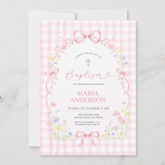Pink WILDFLOWER Gingham Floral Baptism Invitation Einladung (Vorderseite)