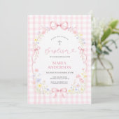 Pink WILDFLOWER Gingham Floral Baptism Invitation Einladung (Stehend Vorderseite)