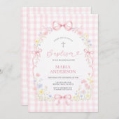 Pink WILDFLOWER Gingham Floral Baptism Invitation Einladung (Vorne/Hinten)