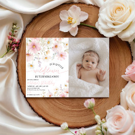 Pink Wildflower Photo 1st Birthday Invite Einladung