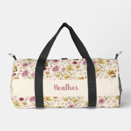 Pink Wildflower Watercolor Monogram Name Duffle Bag