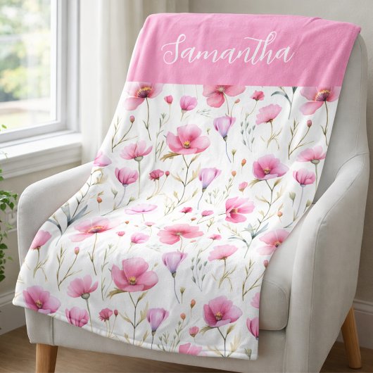 Pink Wildflower Watercolor Name Fleecedecke
