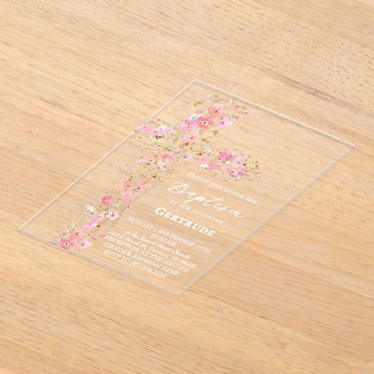 pink wildflowers cross Baptism Invitation Acryleinladungen (Ablage )