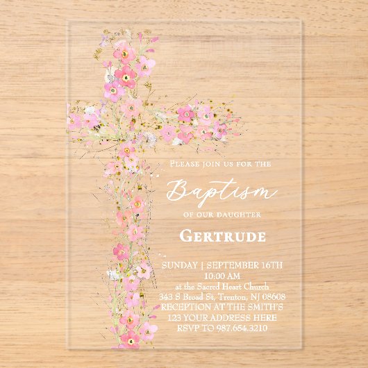 pink wildflowers cross Baptism Invitation Acryleinladungen (Vorderseite)