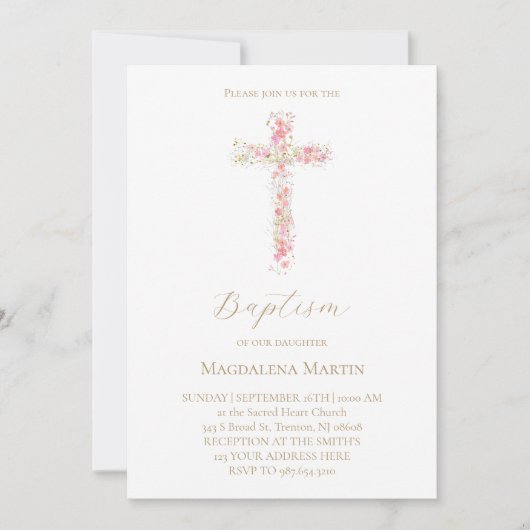 pink wildflowers cross | Baptism Invitation Einladung (Vorderseite)