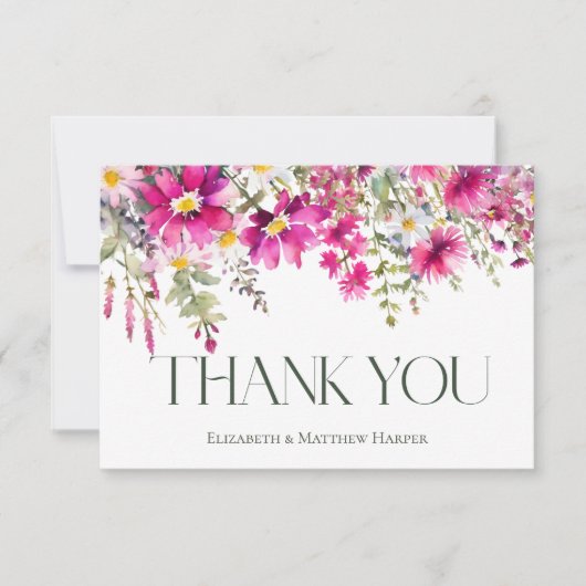 Pink Wildflowers Floral Wedding Thank You Karte (Vorderseite)