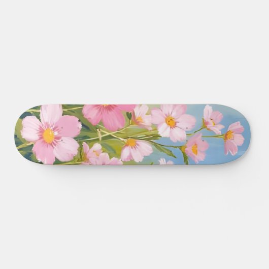 Pink Wildflowers | Watercolor Floral Painted Skateboard (Horizontal)