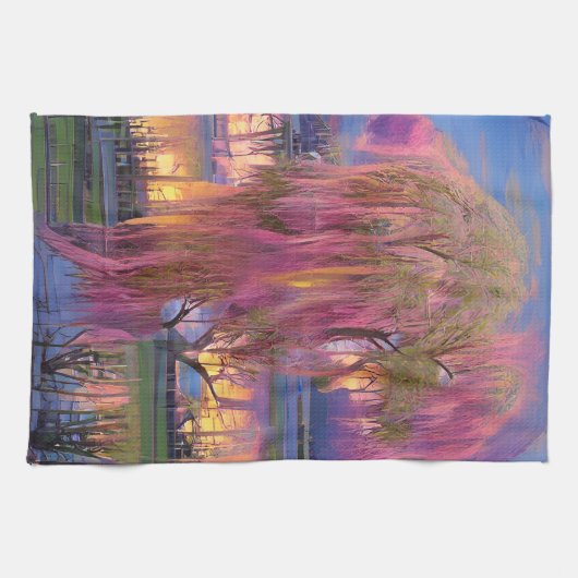 Pink Willow tree bei Sonnenuntergang am Teich Geschirrtuch (Horizontal)