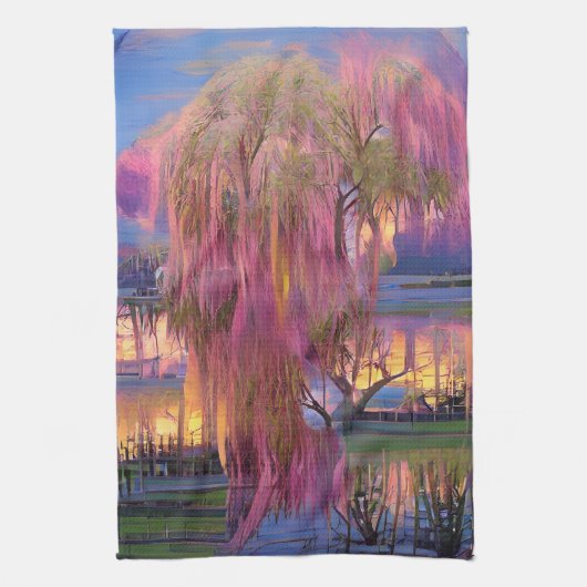 Pink Willow tree bei Sonnenuntergang am Teich Geschirrtuch (Vertikal)