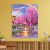 Pink Willow tree bei Sonnenuntergang am Teich Leinwanddruck (Insitu (Wohnzimmer))