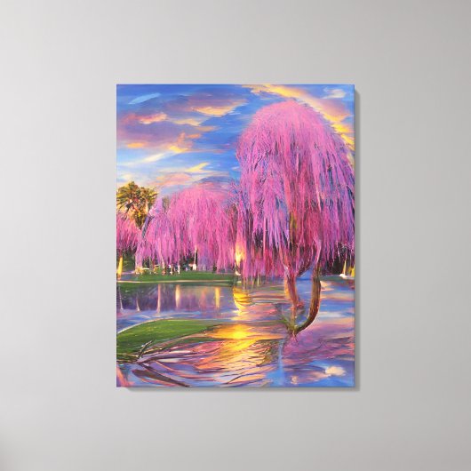 Pink Willow tree bei Sonnenuntergang am Teich Leinwanddruck (Vorderseite)