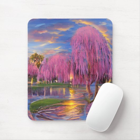Pink Willow tree bei Sonnenuntergang am Teich Mousepad (Mit Mouse)