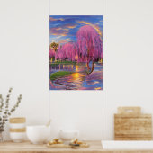 Pink Willow tree bei Sonnenuntergang am Teich Poster (Küche)